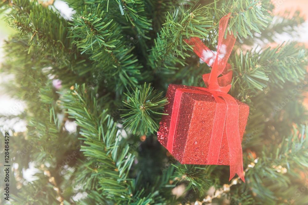 Decorated Christmas tree on blurred