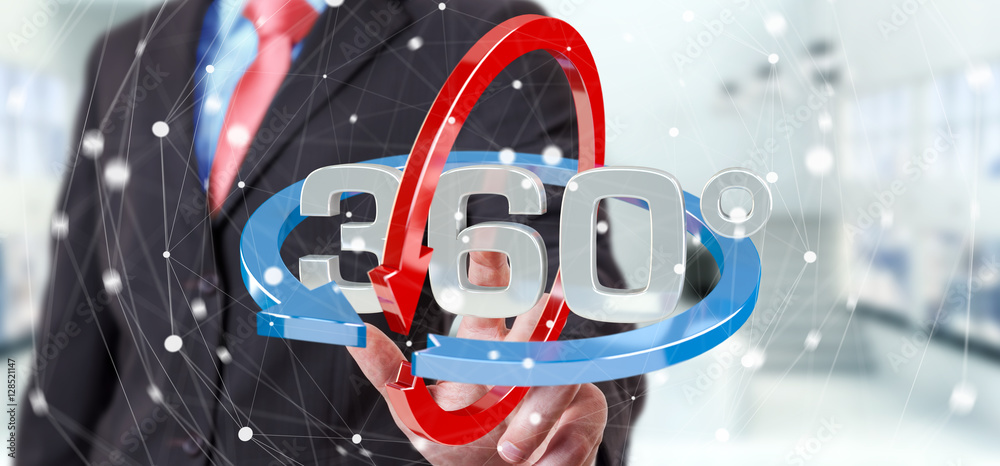 Man touching 360 degree 3D render icon with his finger