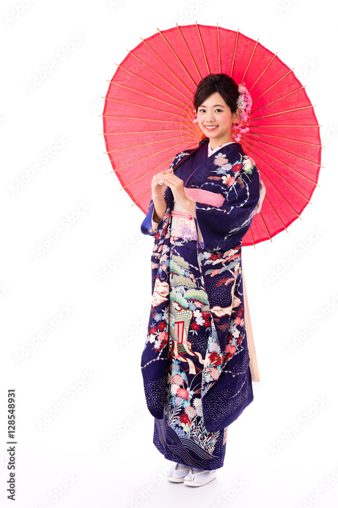 attractive asian woman wearing kimono isolated on white background