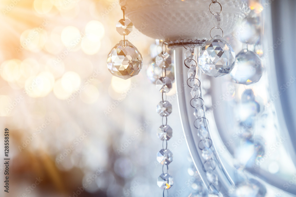 Chrystal chandelier close-up. Glamour background with copy space