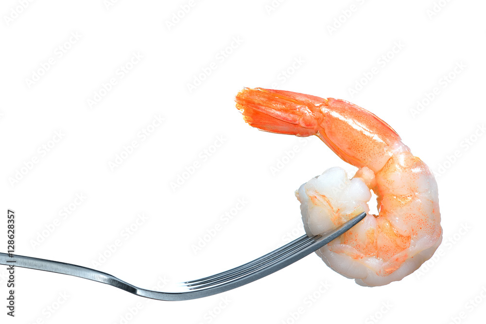 Cooked shrimp on fork isolated on white background