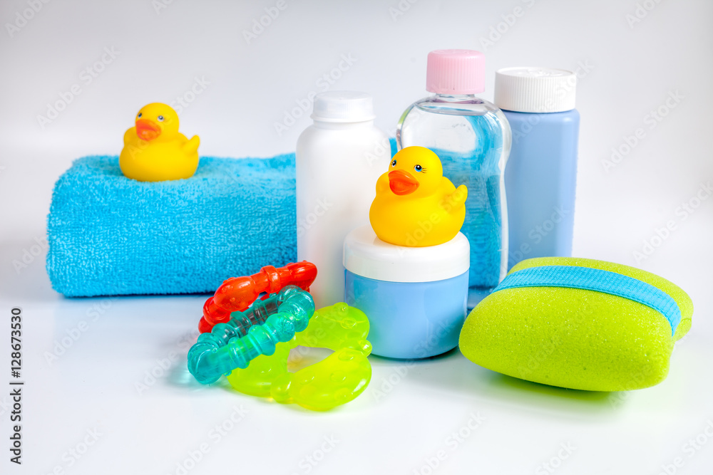 baby accessories for bath with duck on white background