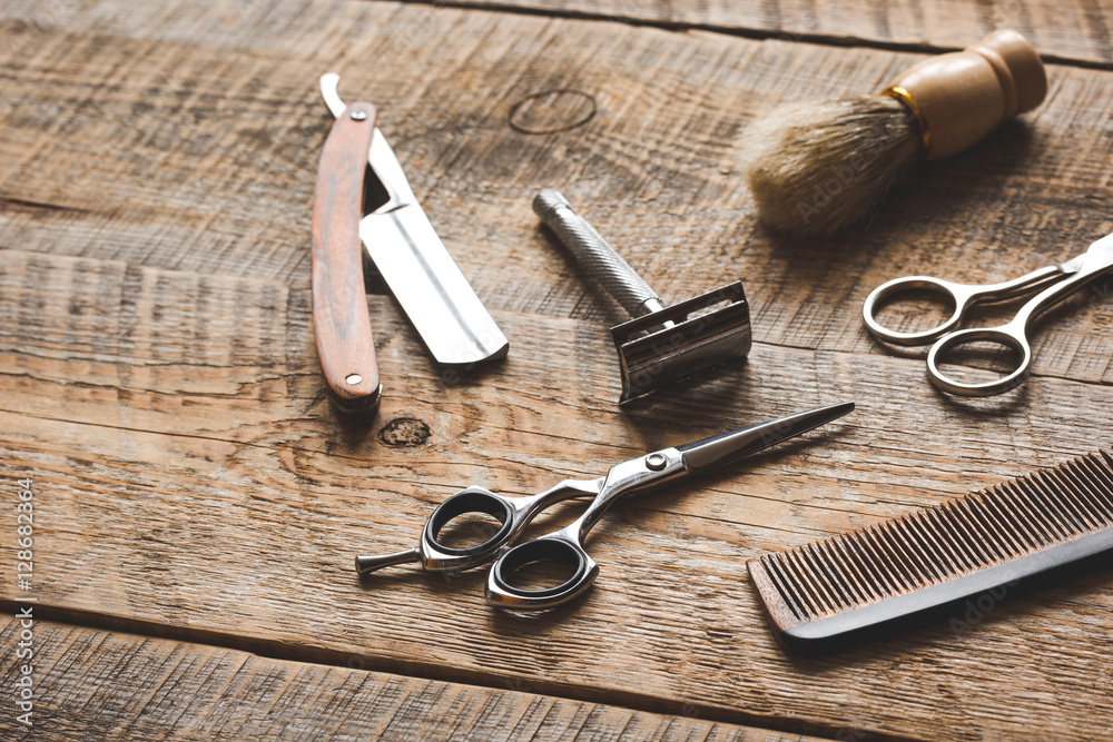 Tools for cutting beard barbershop on wooden background