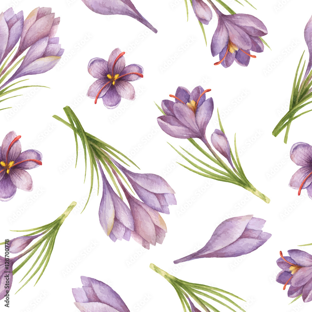 Watercolor seamless pattern with saffron flowers and branches.