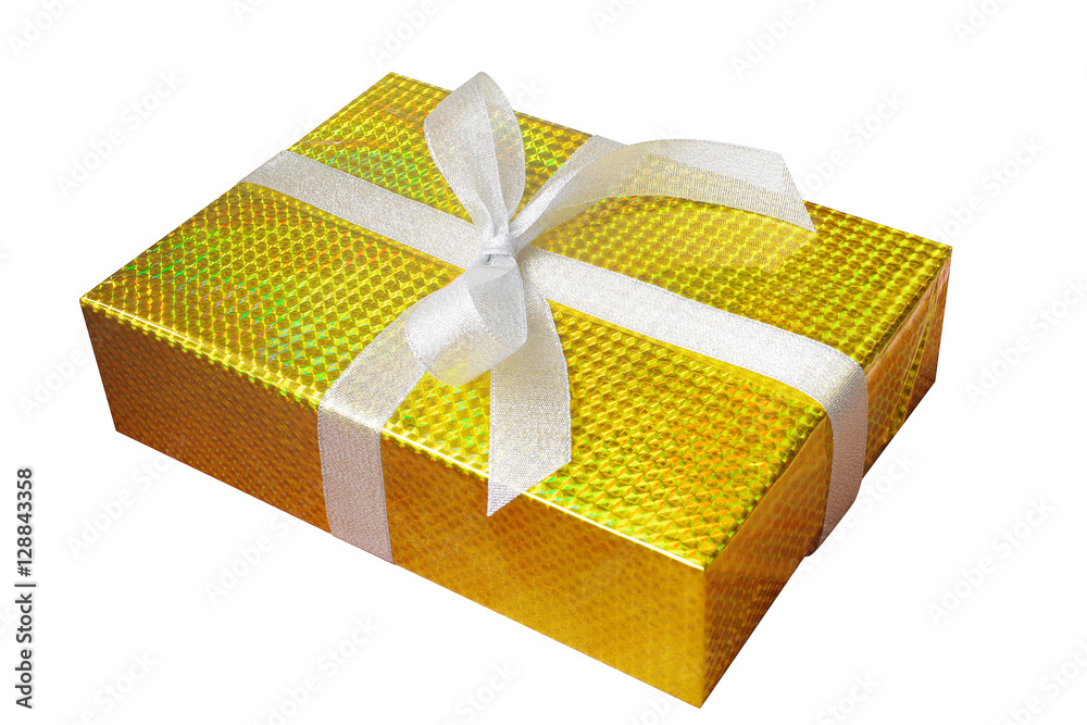 Gift box wrap and ribbon with gold foil wrapping paper and white