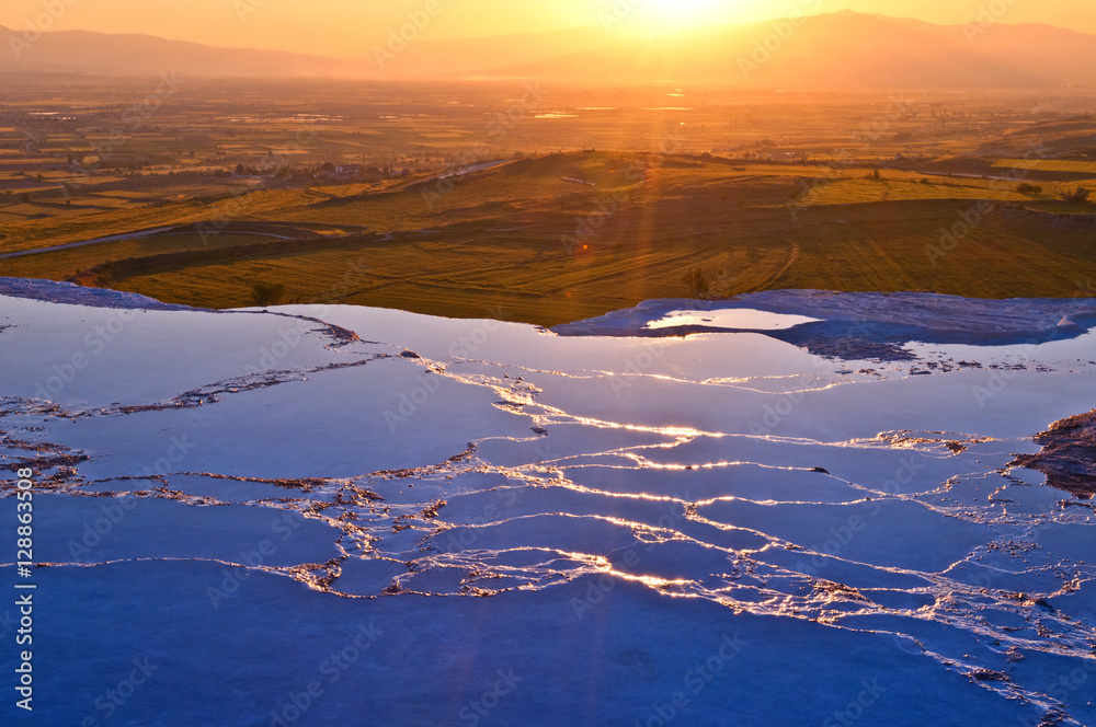 View from the top terraces in Pamukkale at sunset.