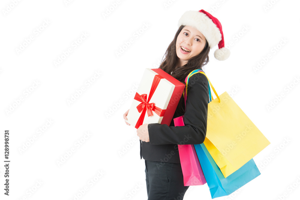 Christmas happy girl With Shopping Bags and gift box