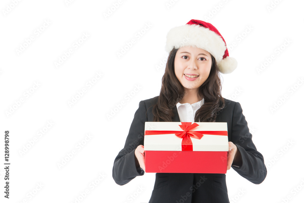 Christmas business woman smiling holding present