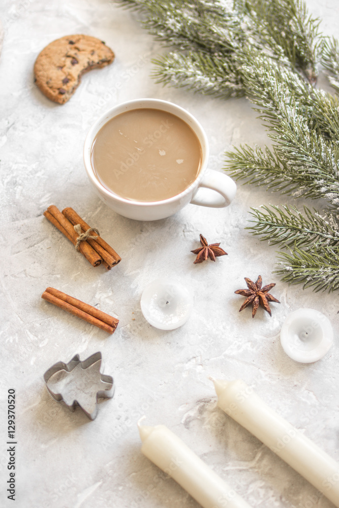 Christmas evening with cup of cocoa white background