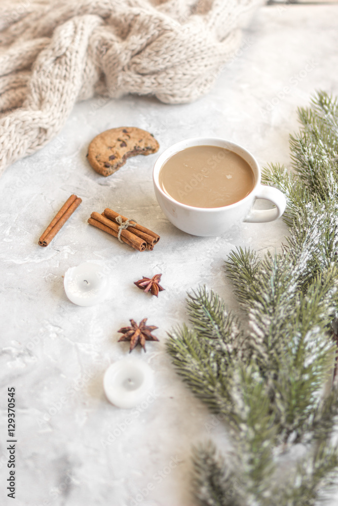 Christmas evening with cup of cocoa white background