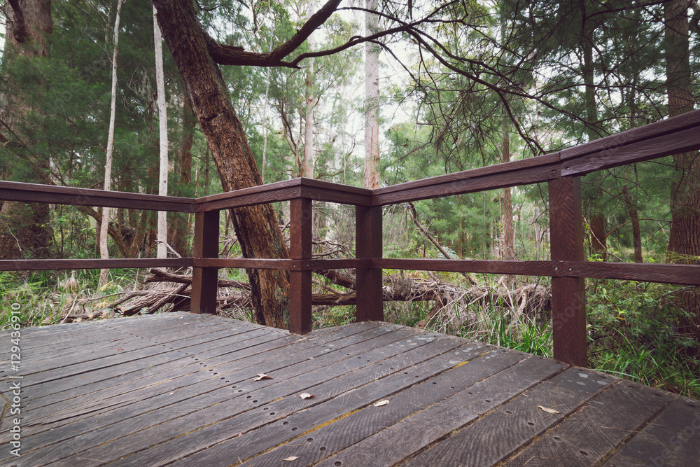 Wood balcony with mountain landscape view.vintage toning  filter add .