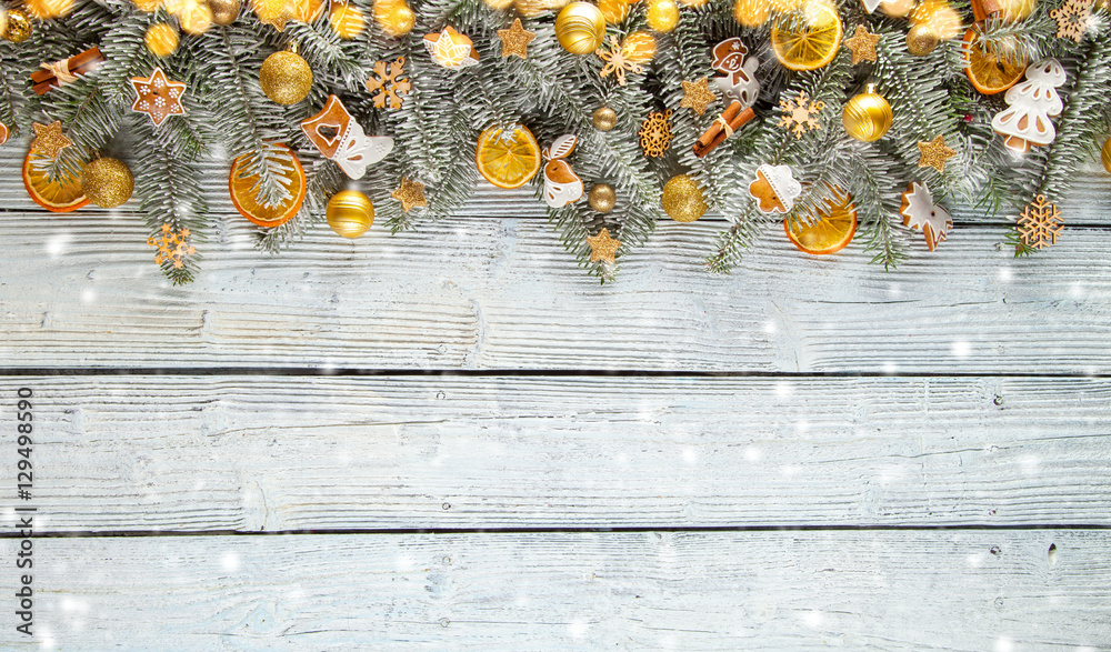 Christmas garland decoration placed on wooden planks