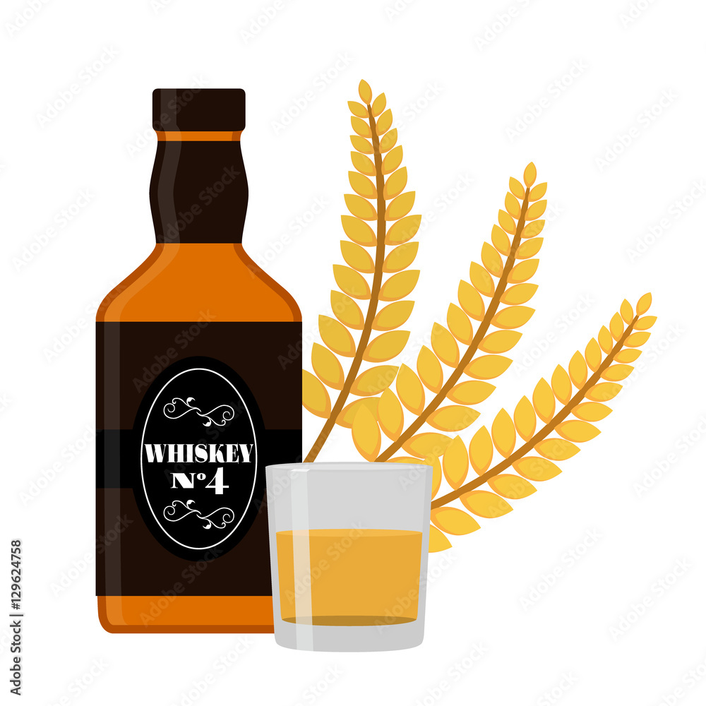 Premium quality whiskey bottle, wheat spikelet, glass, shot. Fla