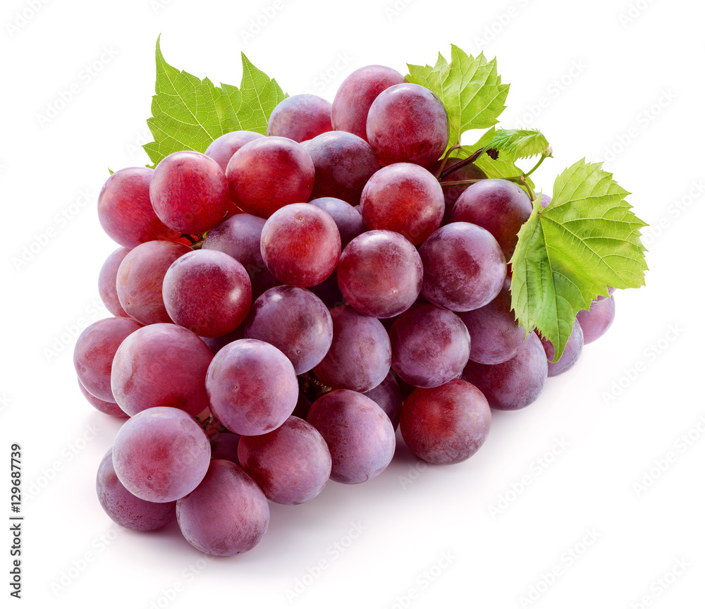 Ripe red grape with leaves isolated on white. With clipping path