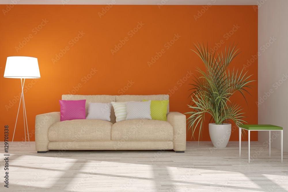 Orange room with sofa. Scandinavian interior design