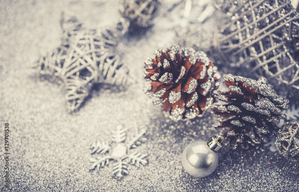 Retro. Photo card. Christmas background. Gray, silver snowflake and star on abstract.