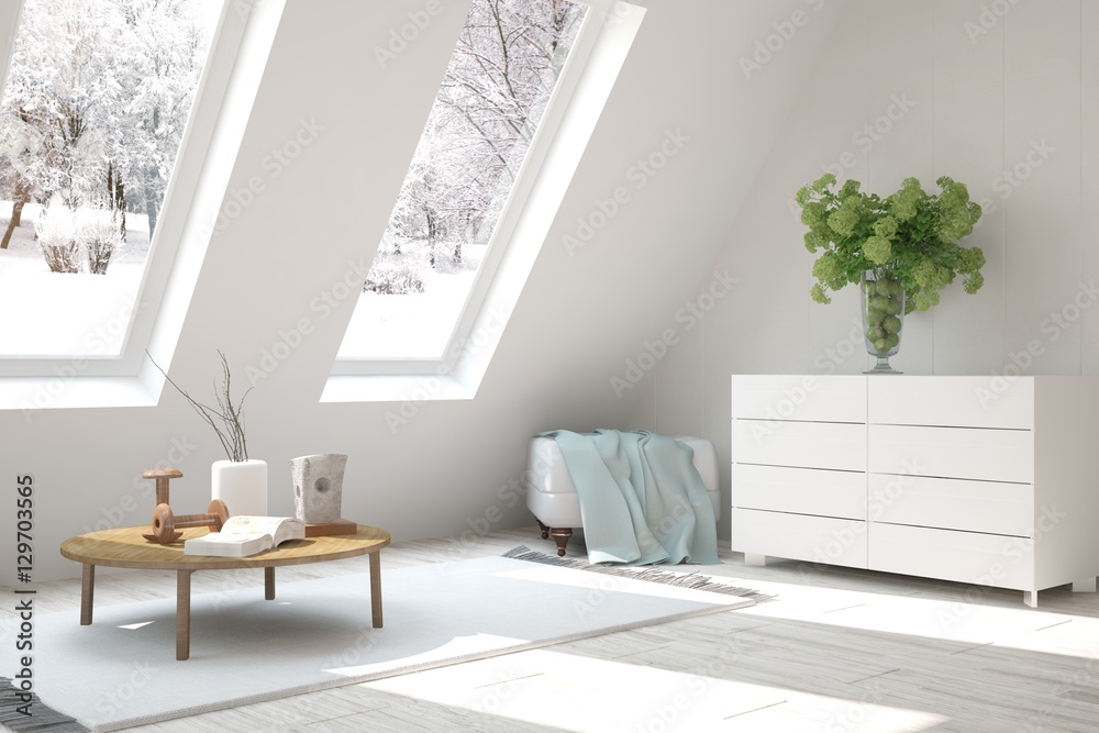 White room with modern furniture and winter landscape in window. Scandinavian interior design