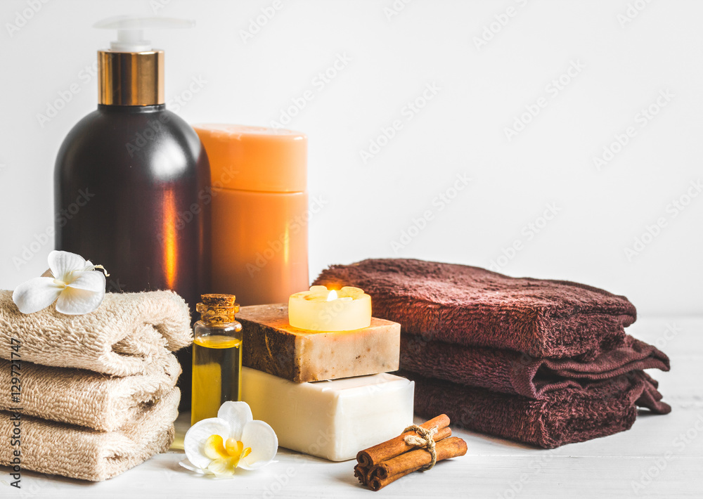 Preparation for spa treatments on white background