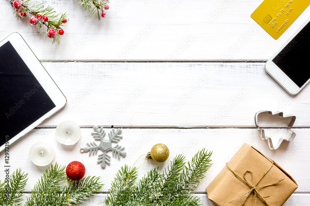 Online shopping for new year on wooden table top view