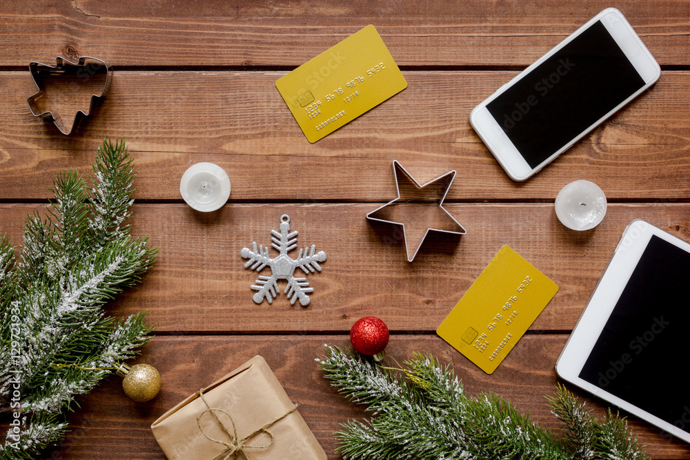 Online shopping for new year on wooden table top view