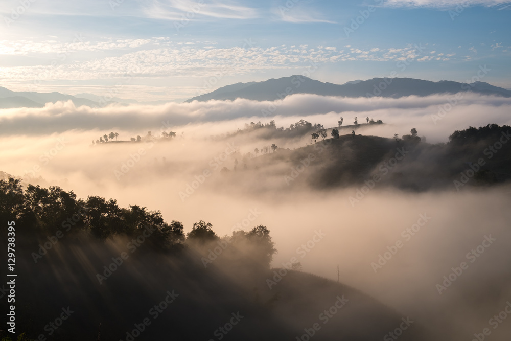 Misty aerial view in morning in Nan province, Northern of Thailand.