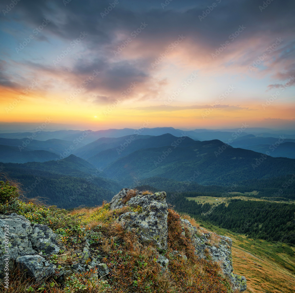 Mountains during sunset. Beautiful natural landscape in the summer time..