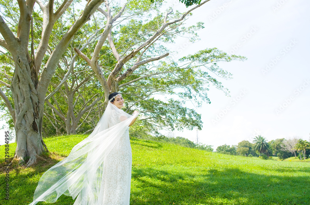 Outdoor portrait of a beautiful asian bride