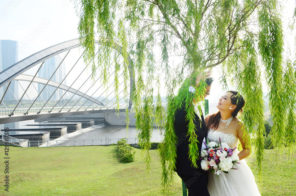 The asian couple embracing in the park