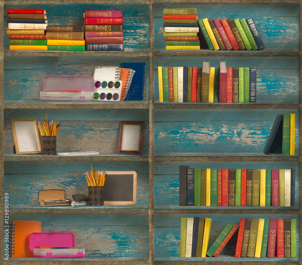 stationery items are on wooden shelves