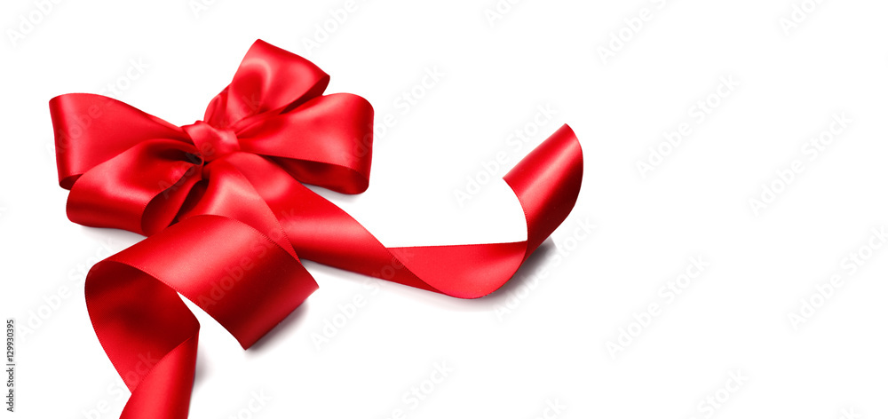 Red satin gift bow. Ribbon isolated on white background