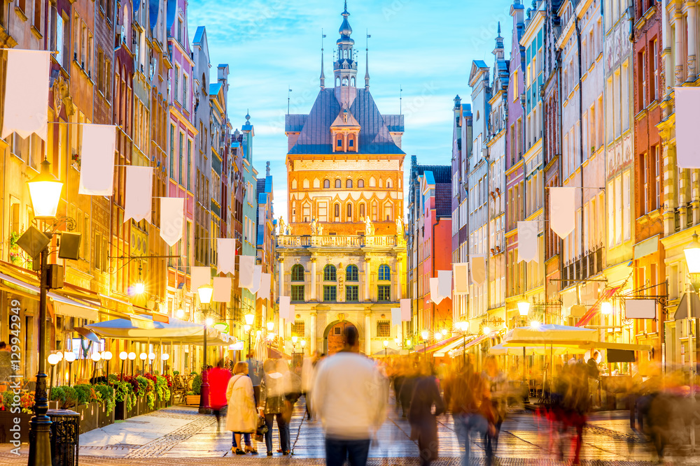 Night view on the illuminated main street in the center of the old town in Gdansk, Poland