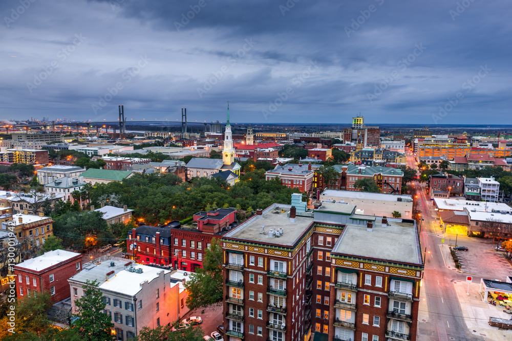 Savannah, Georgia, USA downtown aerial skyline.