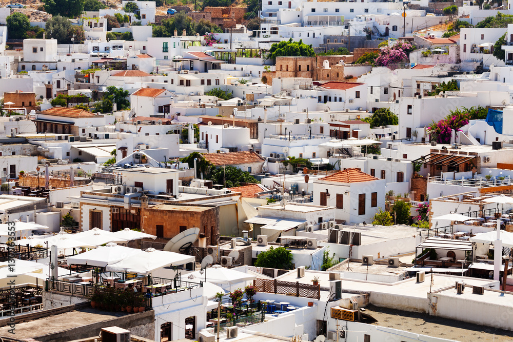 View from height on white stone town of Lindos