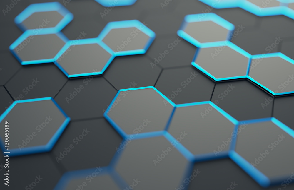 Abstract 3d rendering of futuristic surface with hexagons. Contemporary sci-fi background with bokeh