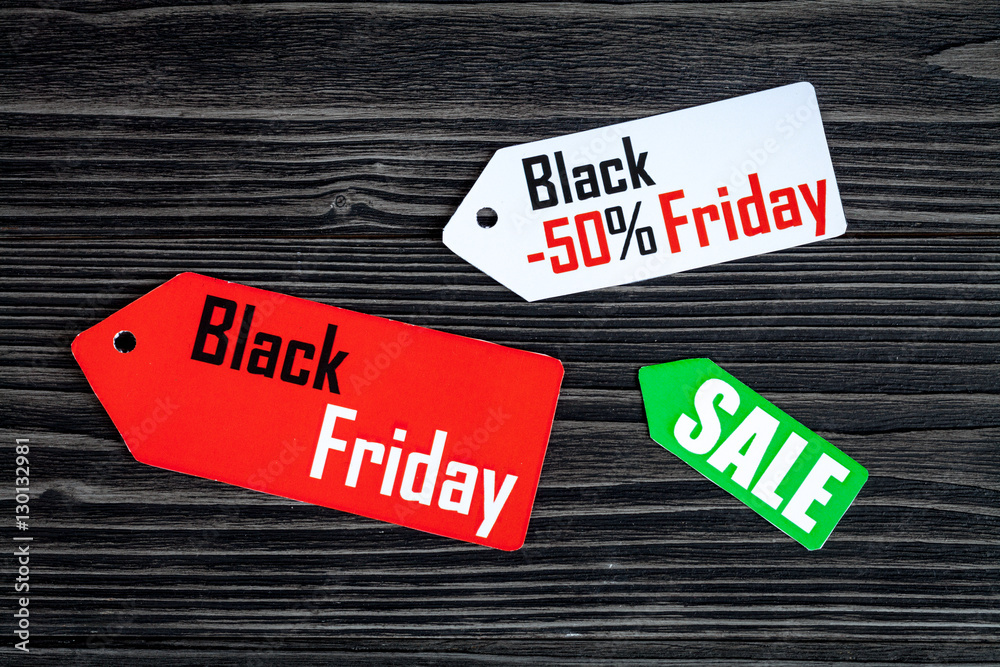 concept black friday on dark wooden background top view