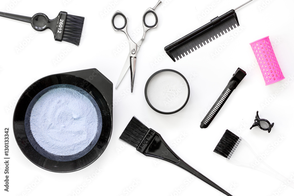 Tools for hair dye and hairdye top view white background