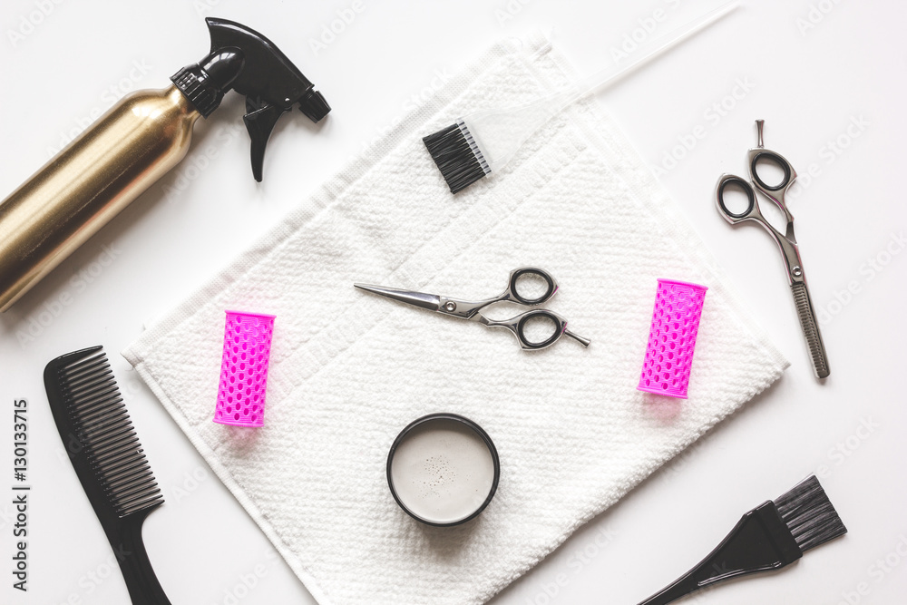 hairdresser working desk preparation for cutting hair top view