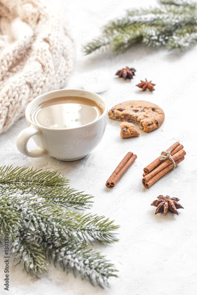 Christmas evening with cup of cocoa white background