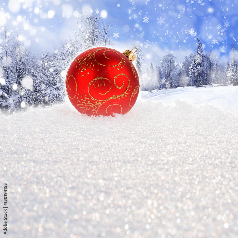 Winter landscape with christmas ball