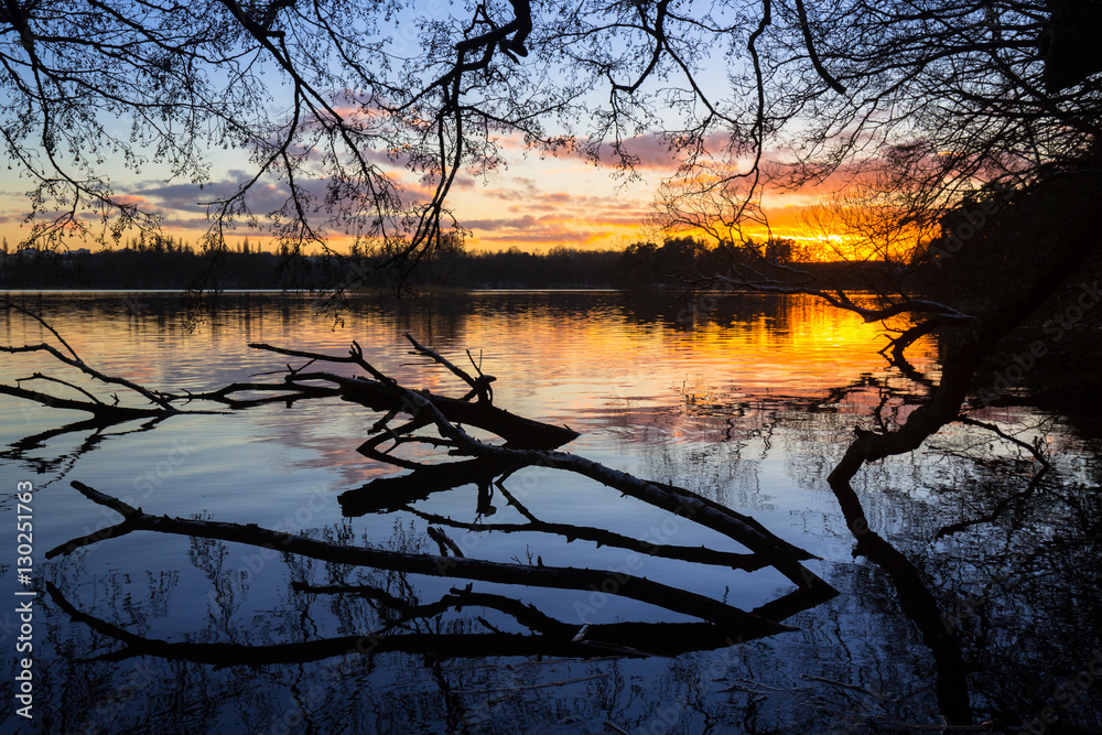 Sunset at the lake in winter, Poland