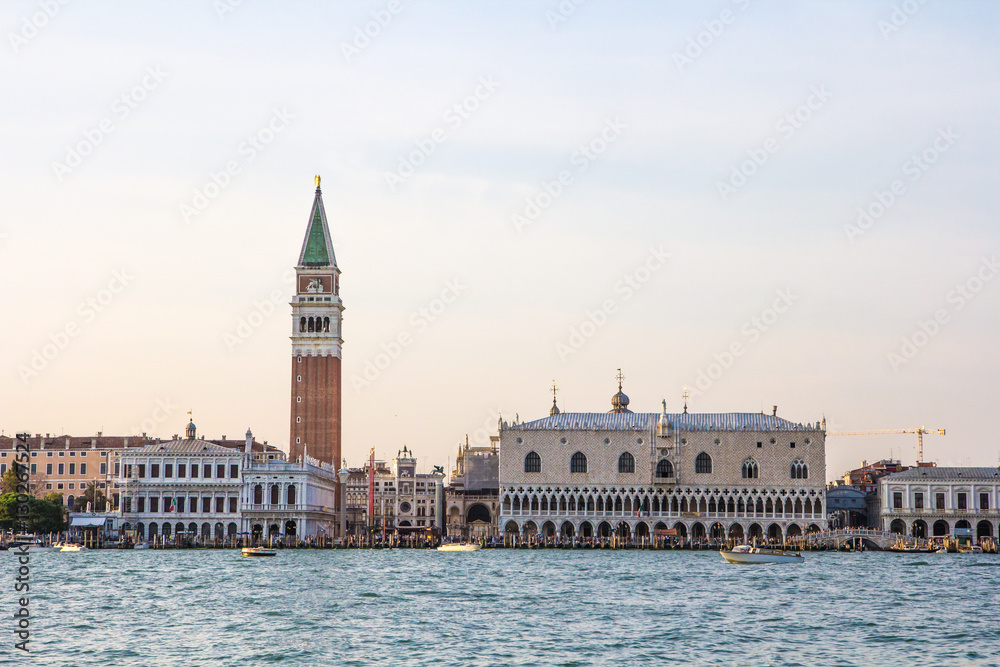 St Marc Square during sunset as viewed from the water. Venice, Italy.