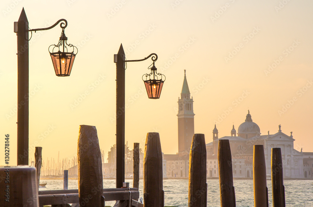 Traditional Venetian lamps at sunrise. Venice, Italy.