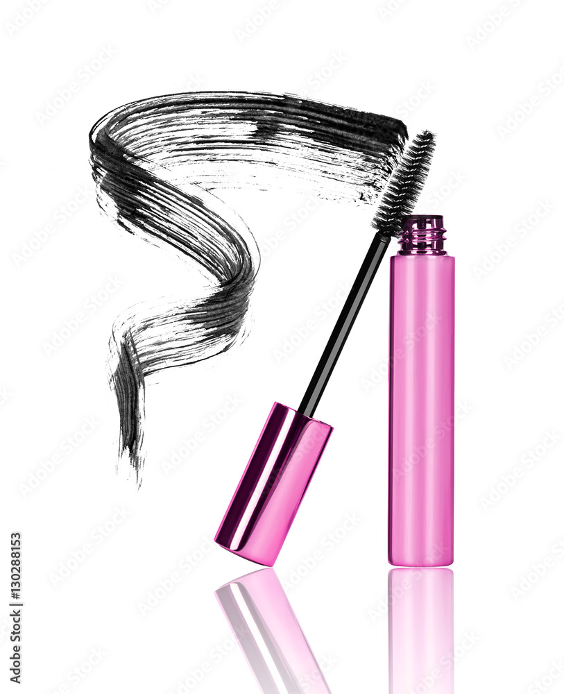 Mascara, wand applicator with black stroke isolated on white bac