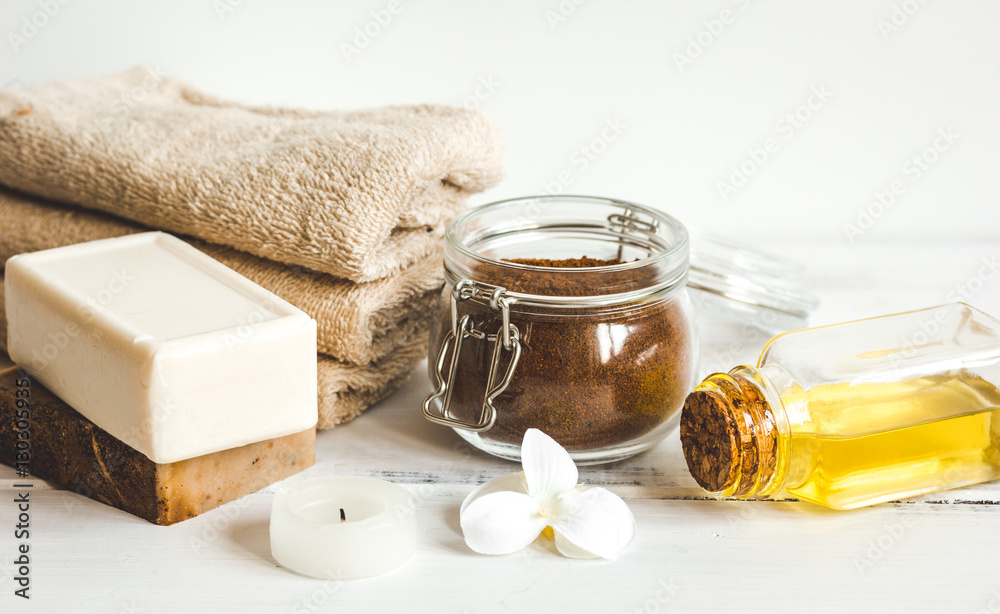 Preparation for spa treatments on white background