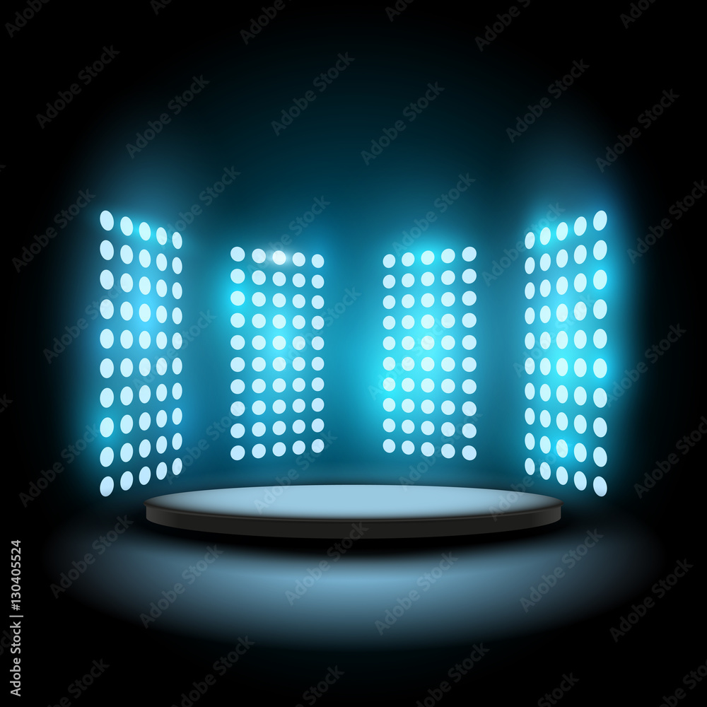 Floodlights and round podium, vector illustration