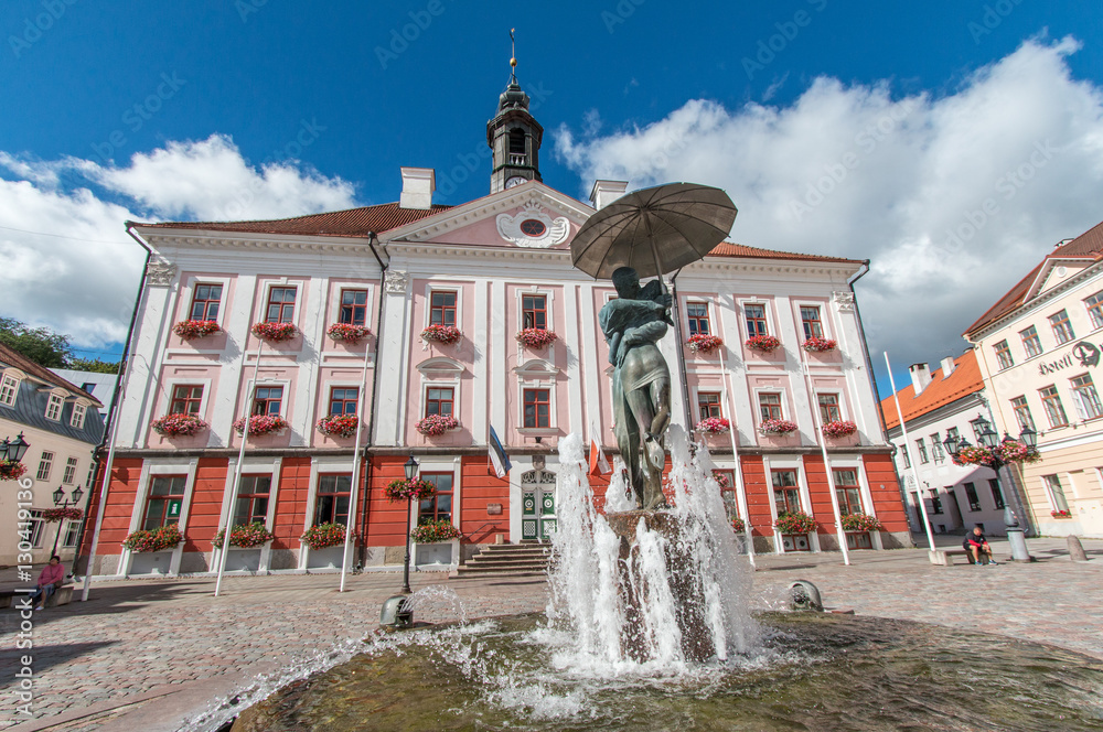 View of the old town hall in Tartu Raekoja Plats, Estonia.