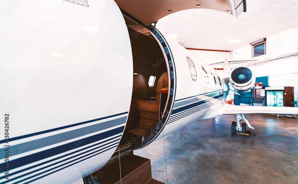 Private jet in a hangar