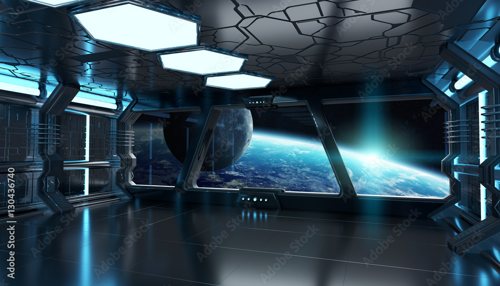 Spaceship interior with view on the planet Earth 3D rendering el