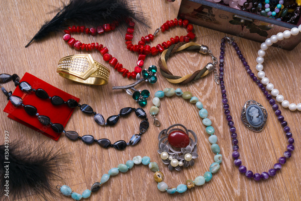 Fashion jewelry and different beads composition. Amethyst, pearl, coral, agate, etc.