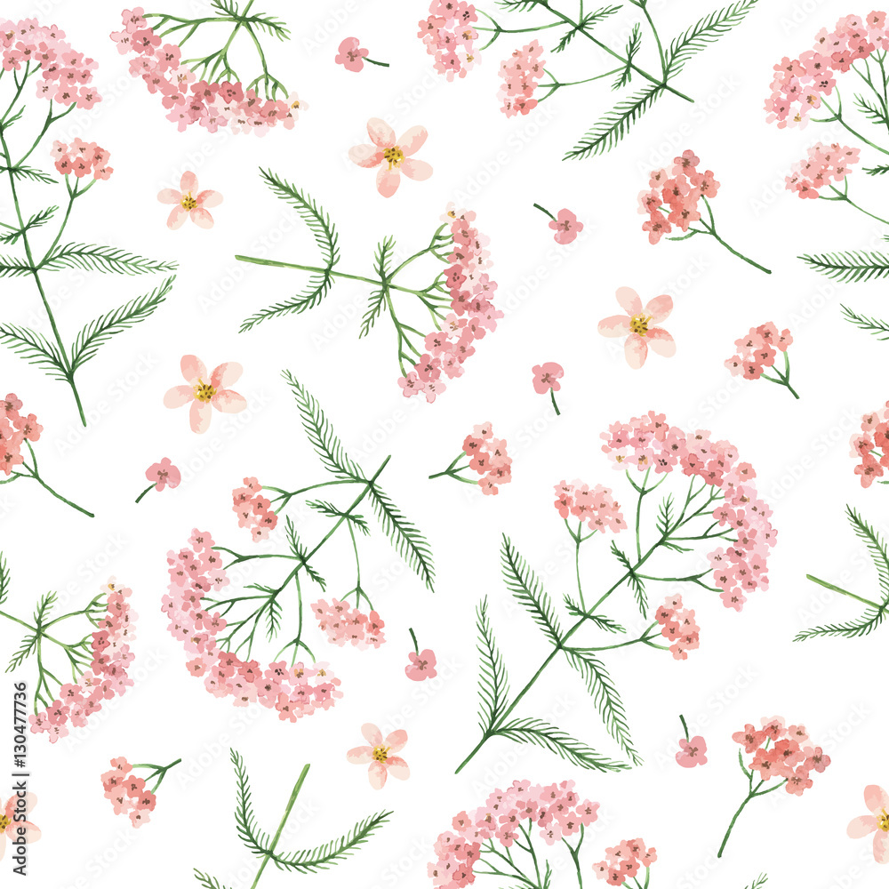 Watercolor vector seamless pattern with yarrow flowers and branches.